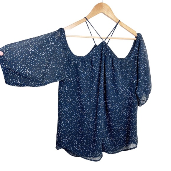 New with Tags Papermoon Women's Lidia Cold Shoulder Navy Polka Dot Navy Blouse - Picture 4 of 16